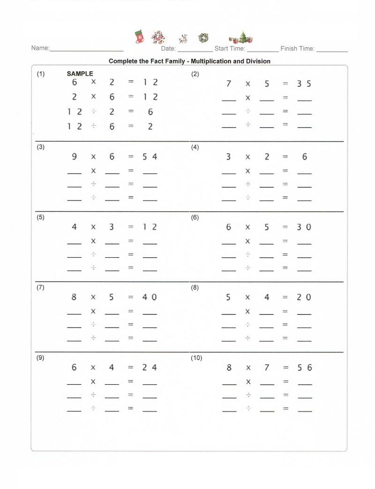 fact family worksheet math