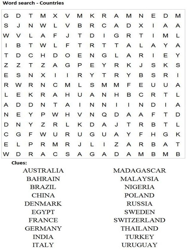 kids word search country