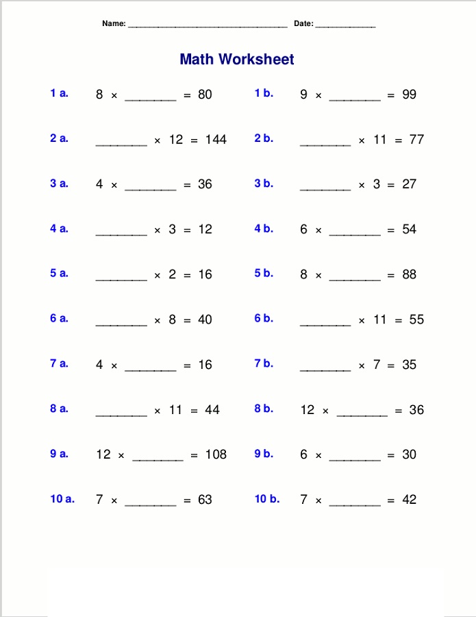 Printable Times Table Worksheets Easy