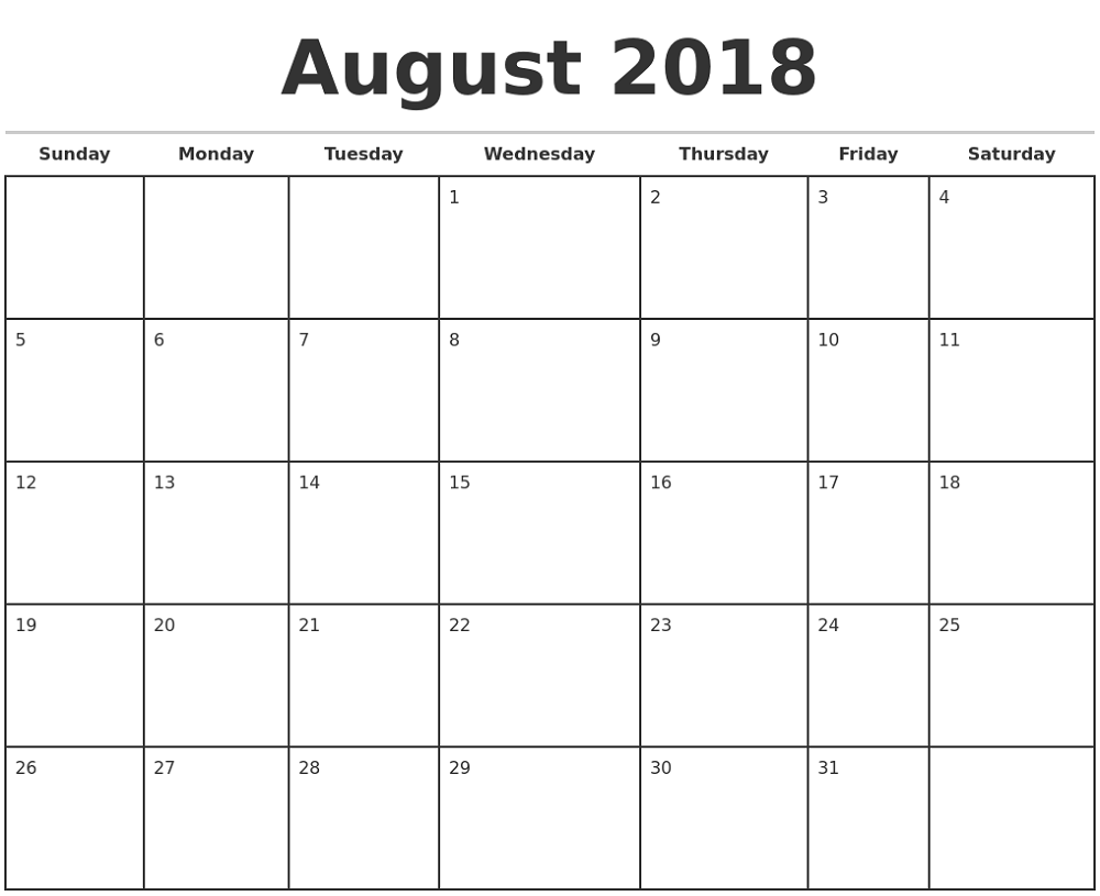 2018 monthly calendar printable august
