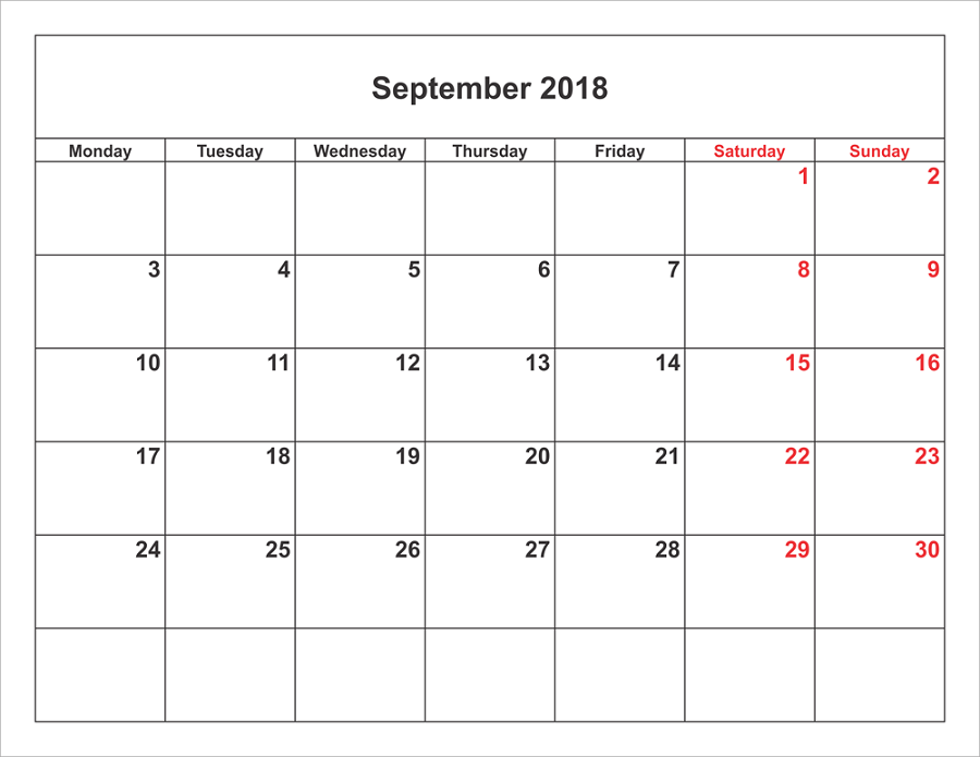 2018 Monthly Calendar Template Printable