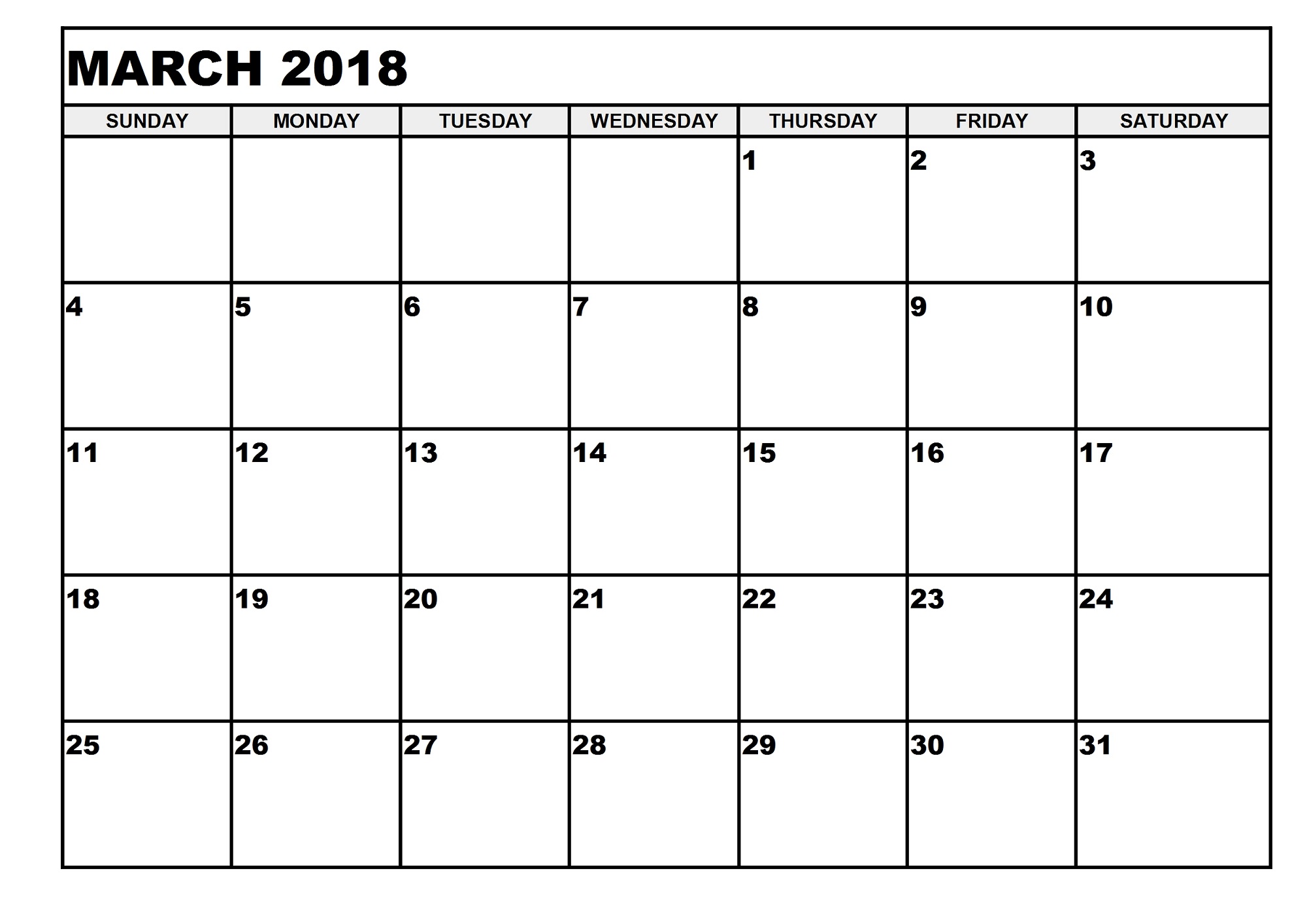 blank printable calendar 2018 march