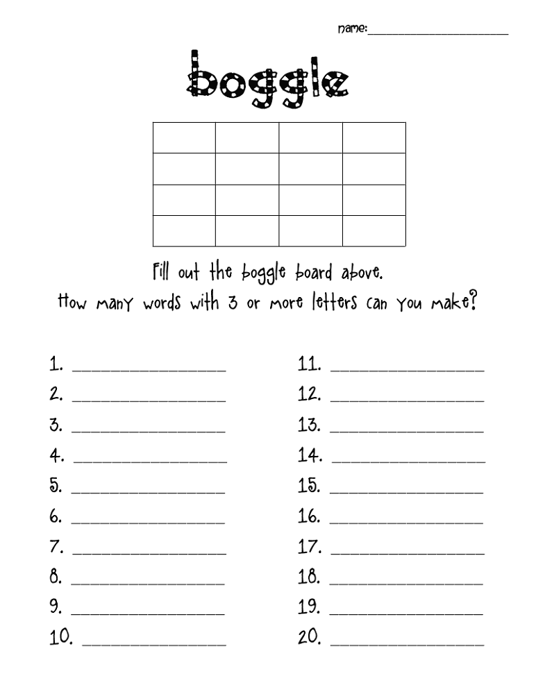 boggle word games worksheet