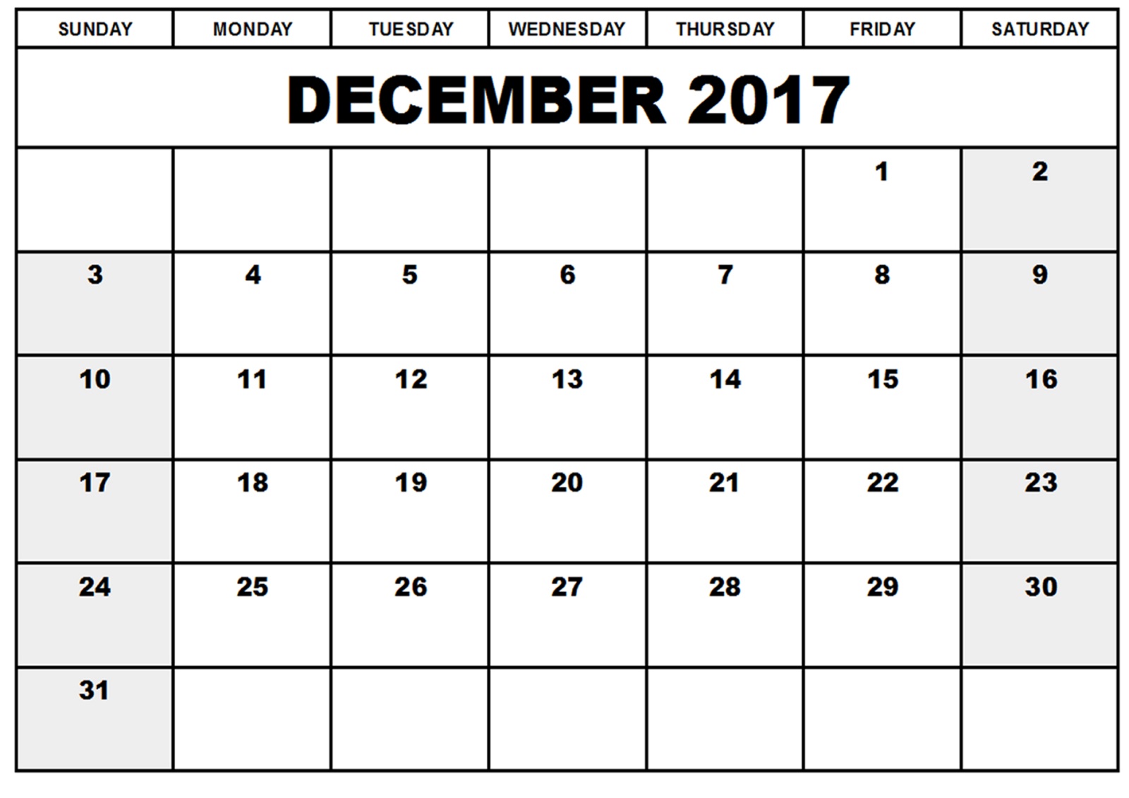 December 2017 Blank Calendar E1509710809130