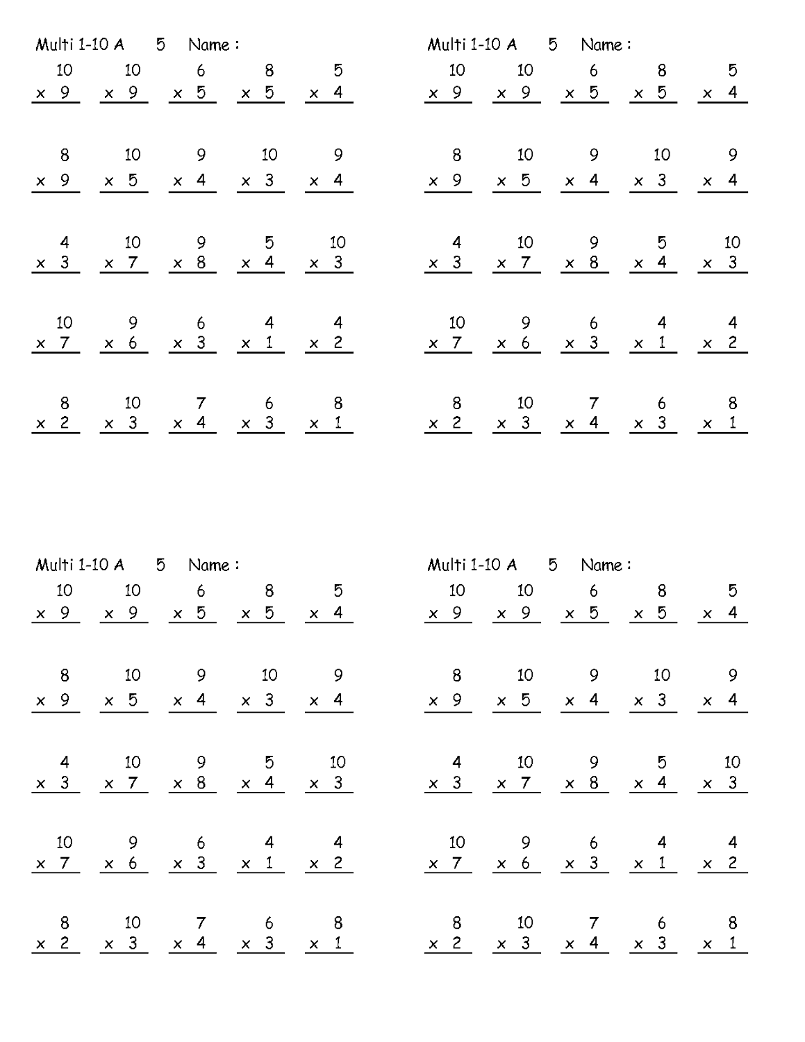 times tables worksheet printable