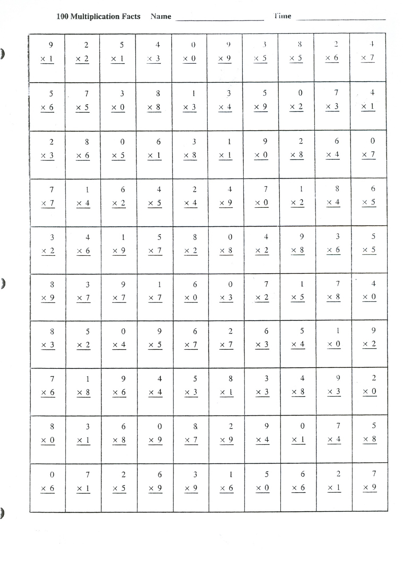 times tables worksheet to print