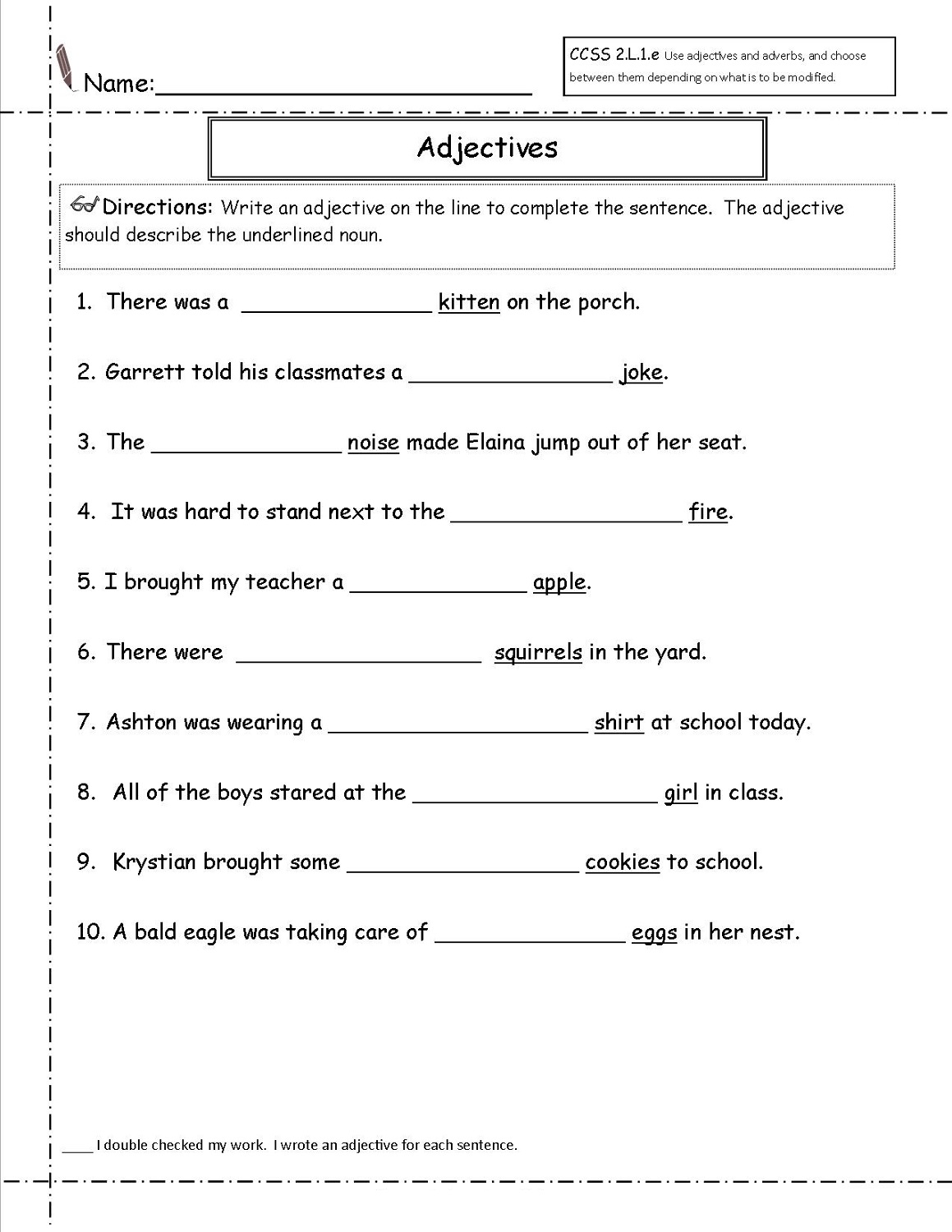 worksheets that work adjective