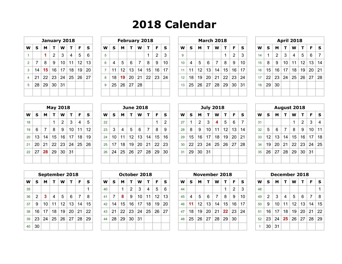 Yearly Calendar 2018 Printable Activity Shelter