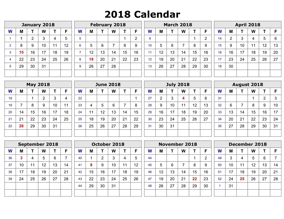 yearly calendar 2018 printable one page
