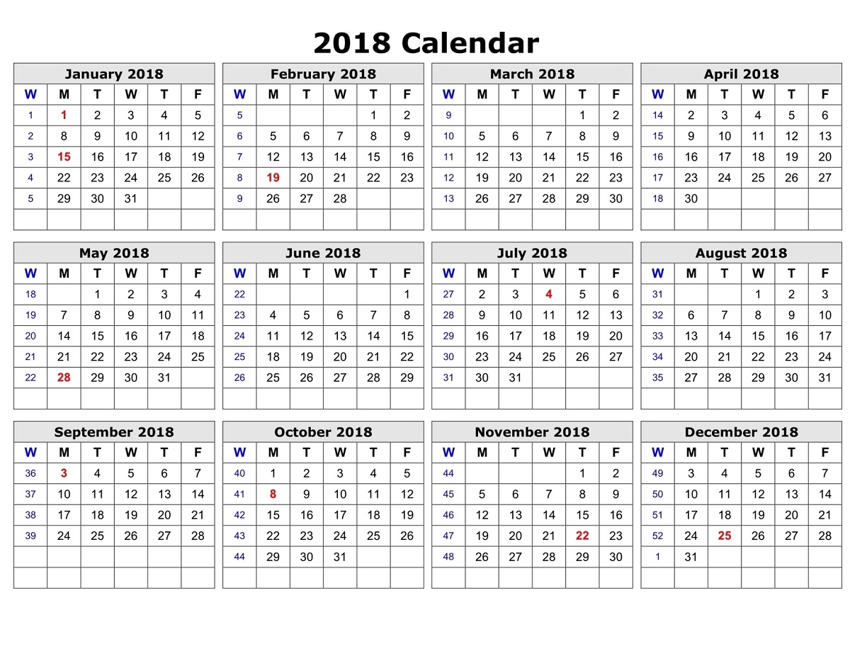 Yearly Calendar 2018 Printable Activity Shelter