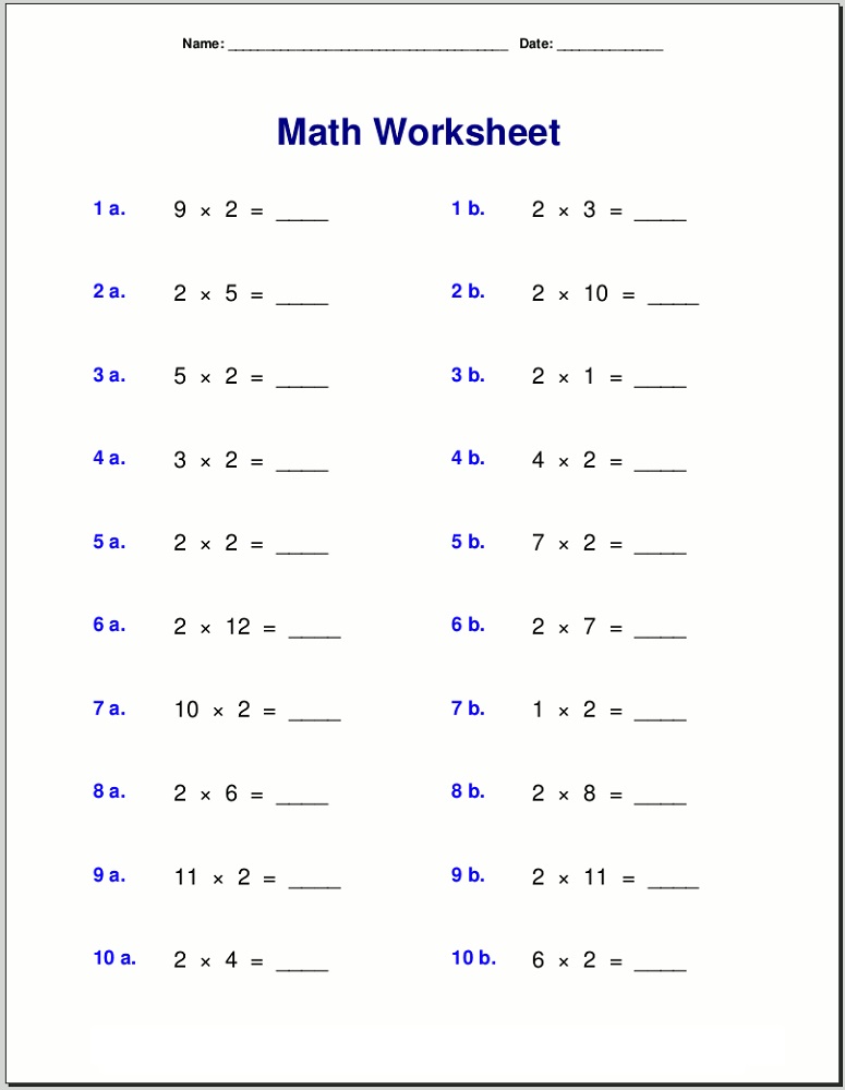 2 times table worksheets multiplication