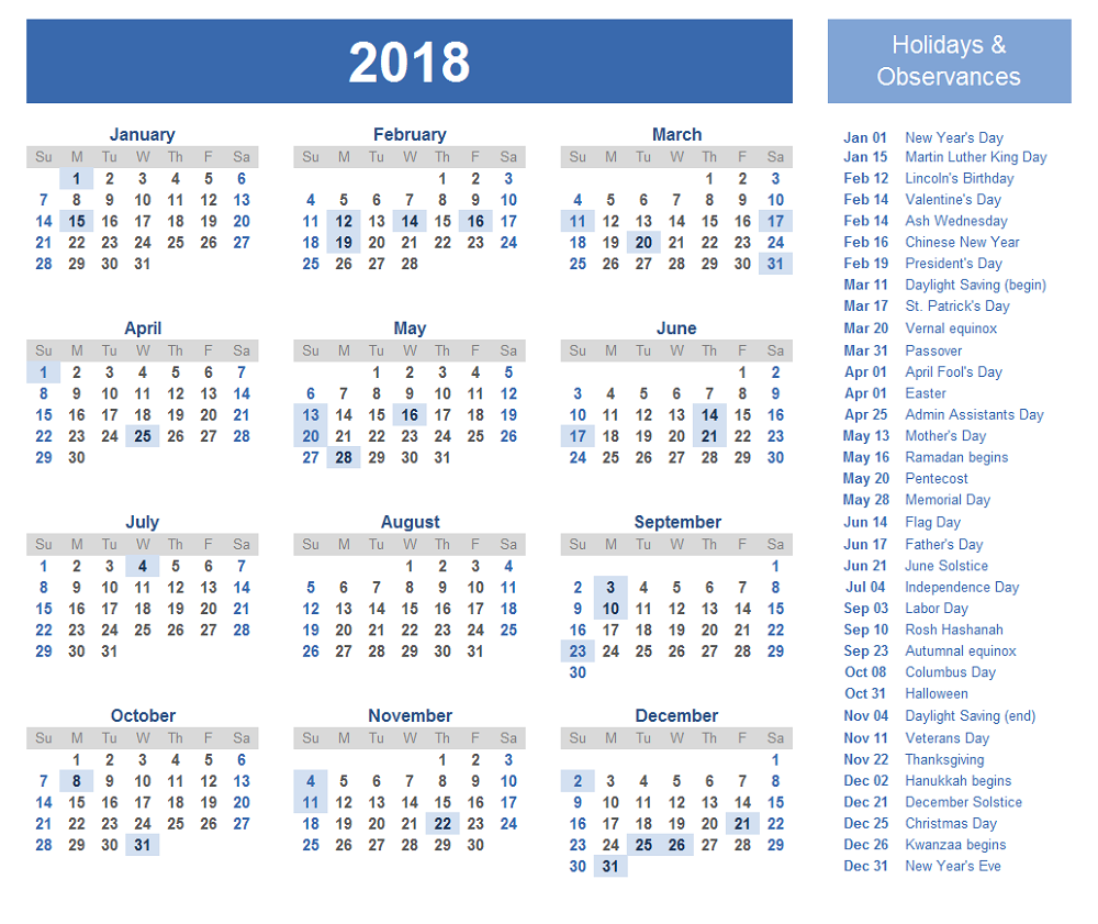 2018 Yearly Calendar With Holidays complete