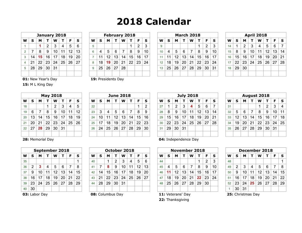 Yearly Calendar 2018 With Holidays