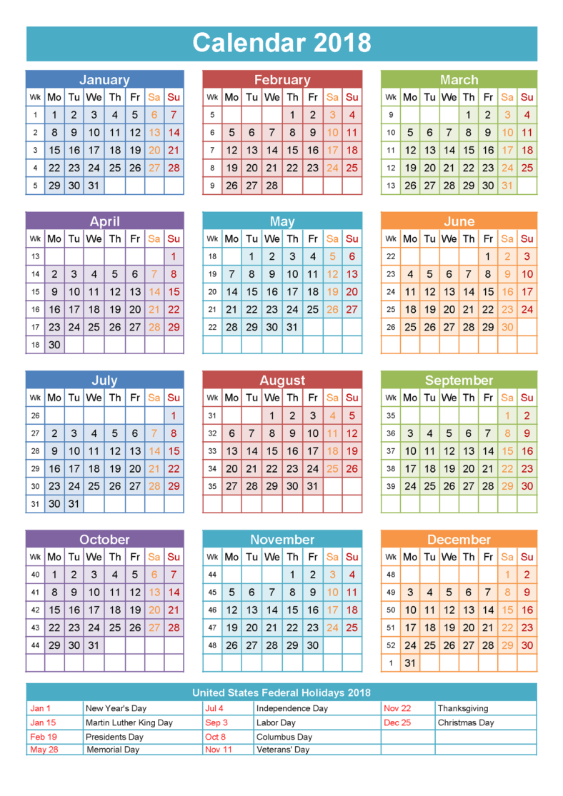 2018 Yearly Calendars With Holidays Activity Shelter