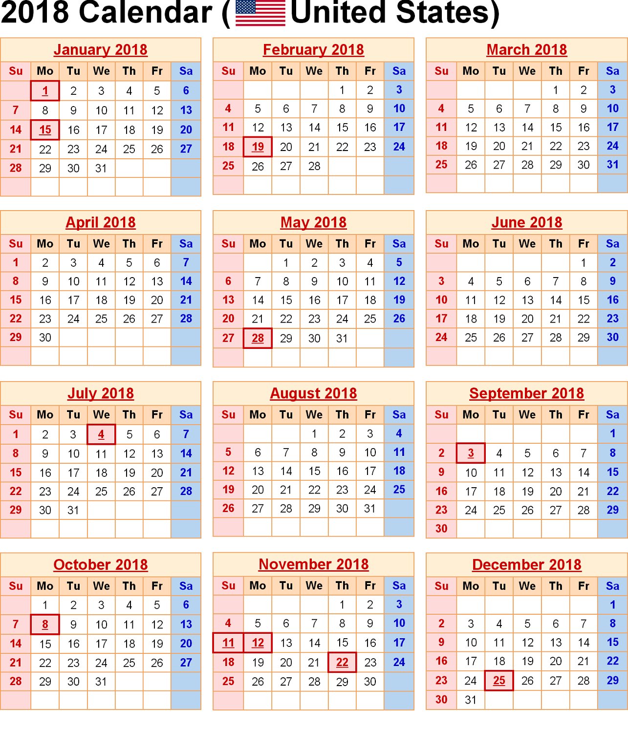 2018 calendar printable usa