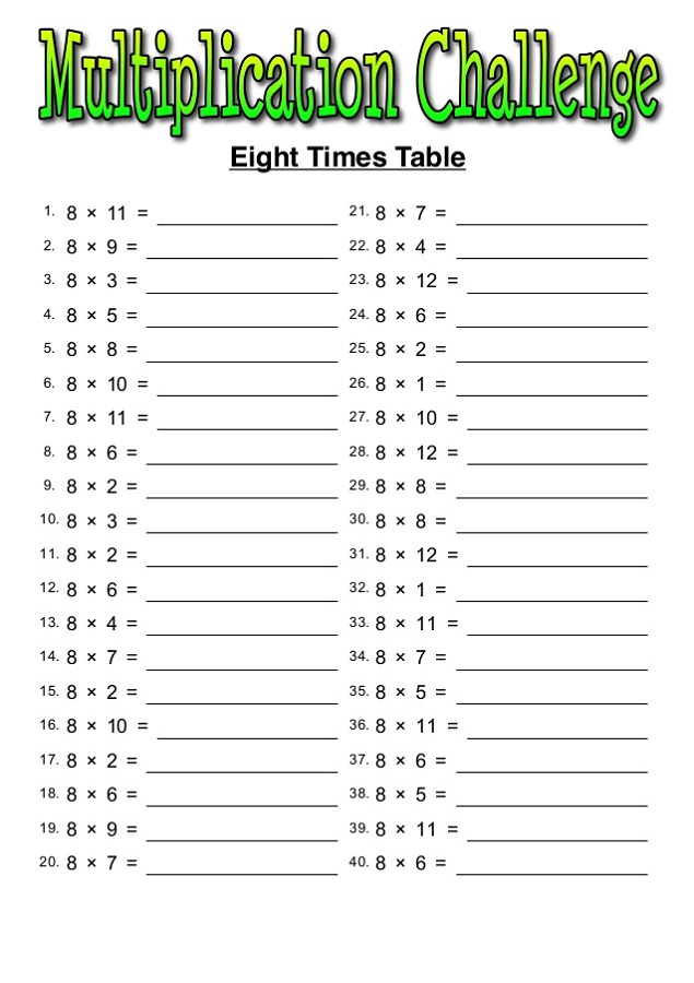 8 times tables worksheets for kids