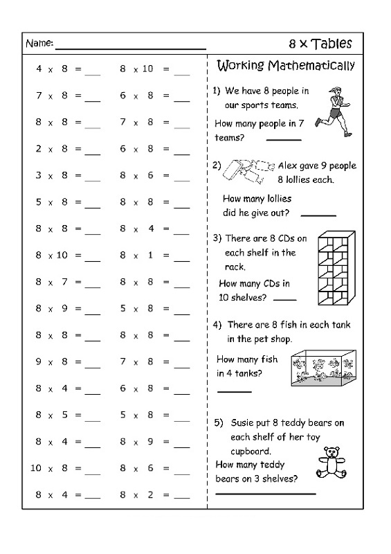 8 times tables worksheets learning