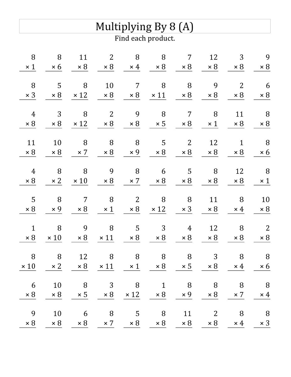 8 times tables worksheets simple
