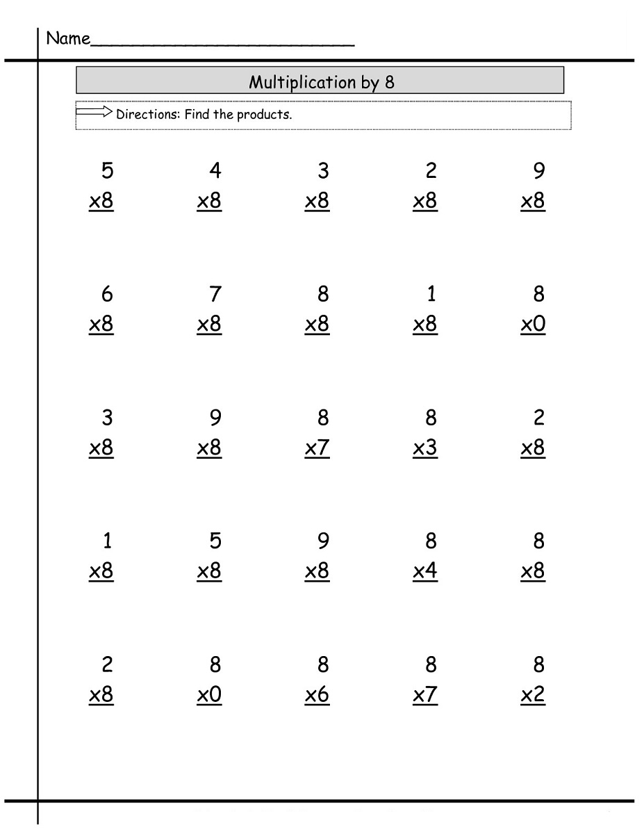 8 times tables worksheets vertical