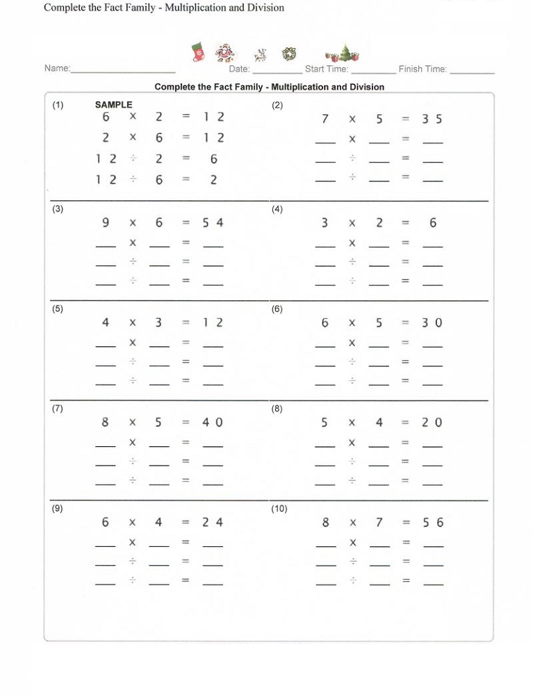 Fact Family Practice Sheets Activity Shelter