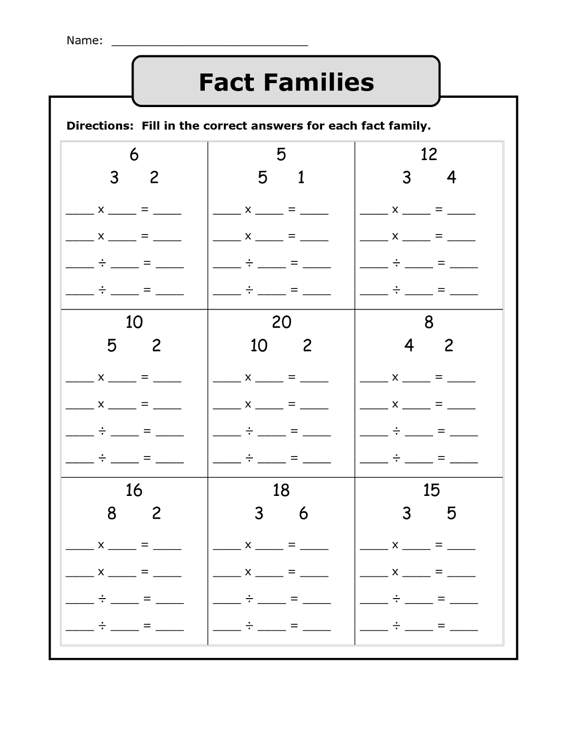 math fact families worksheets multiplication
