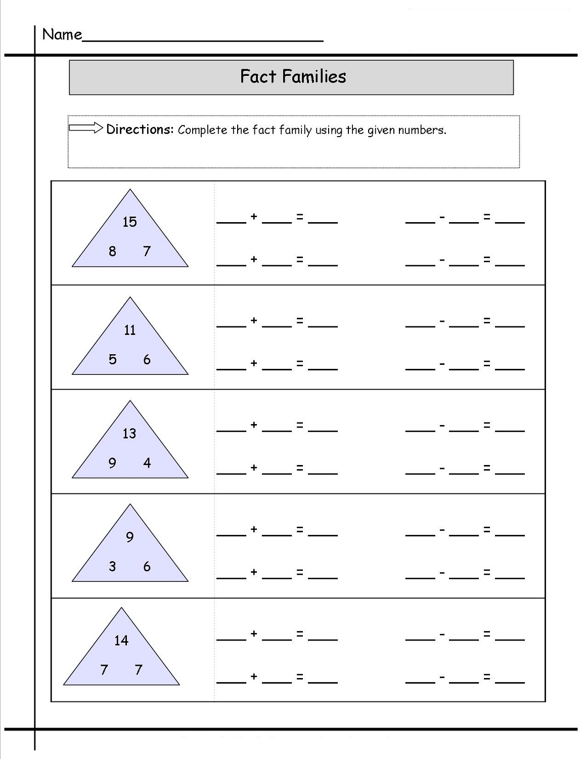 math fact families worksheets printable