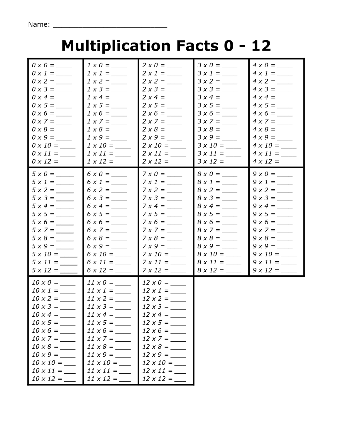 times table worksheets 1-12 free