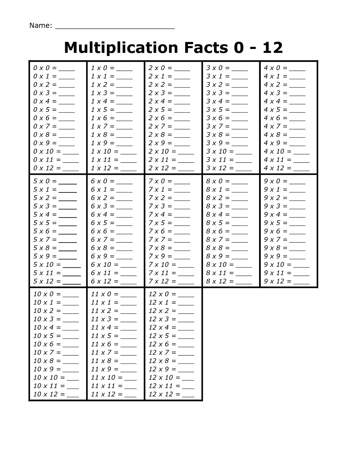 Printable Times Table Worksheets