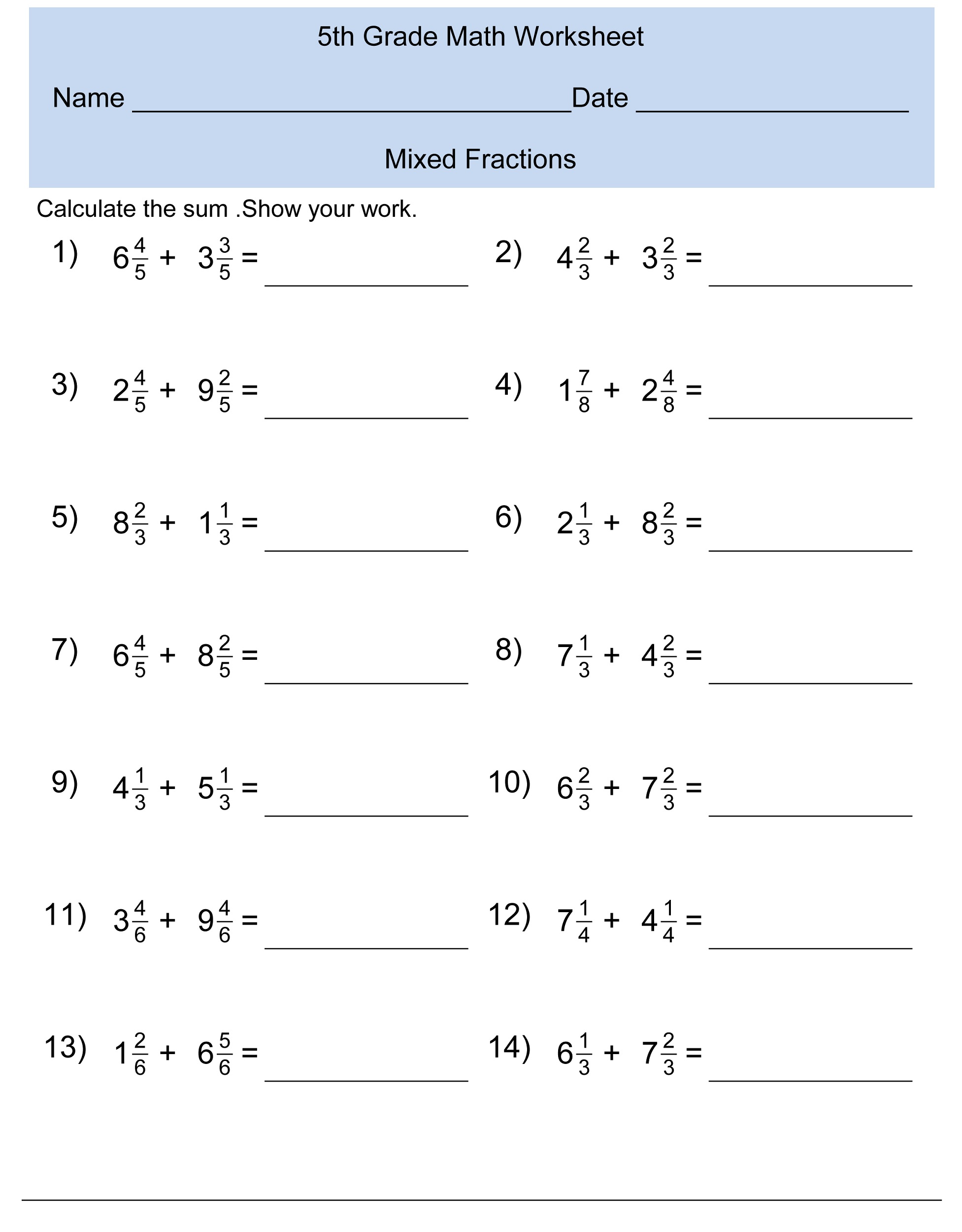 free 5th grade math worksheets to print