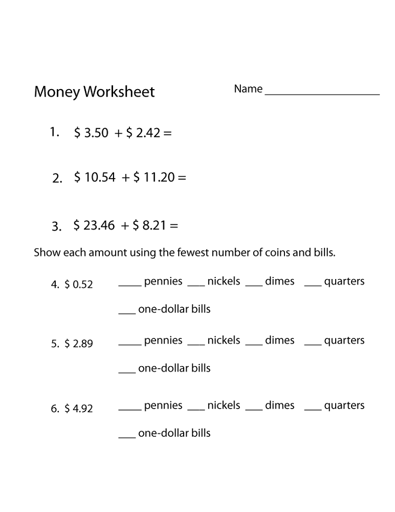 free educational worksheets money