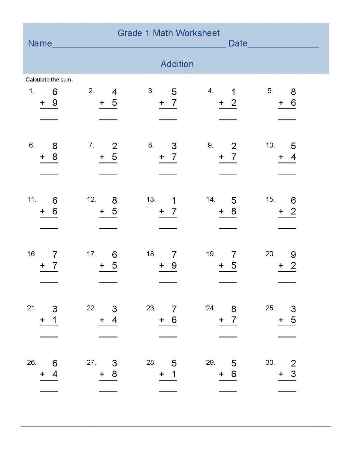 free math worksheets for 1st grade addition