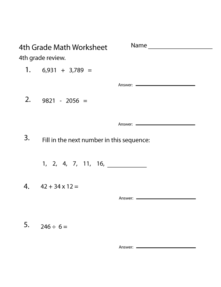 free math worksheets for grade 4 test