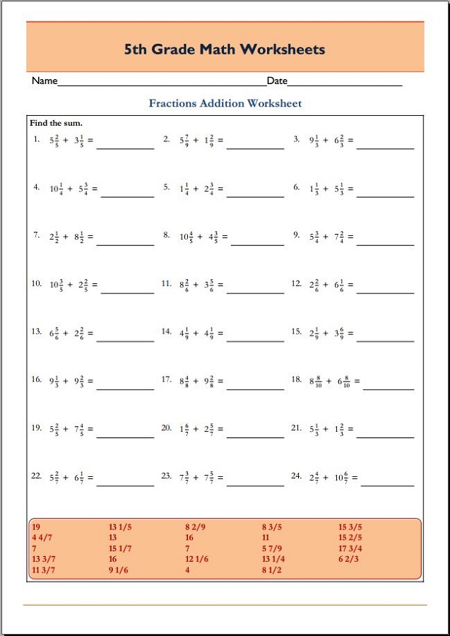 free printable maths worksheets for grade 5 fraction
