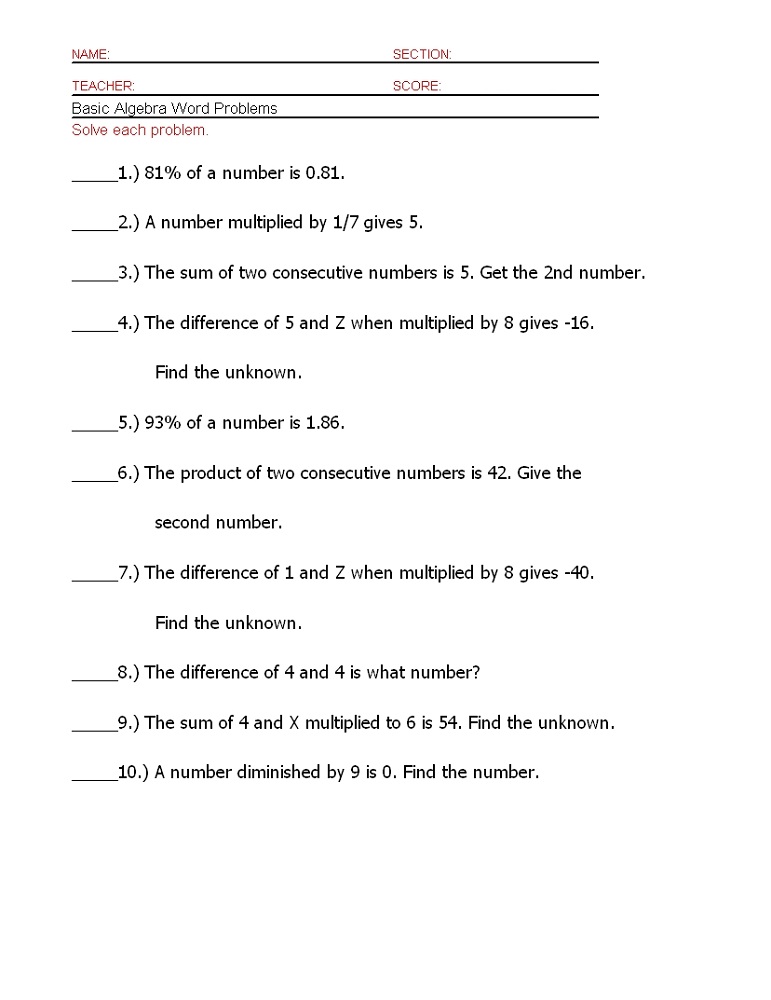 free math problems worksheet