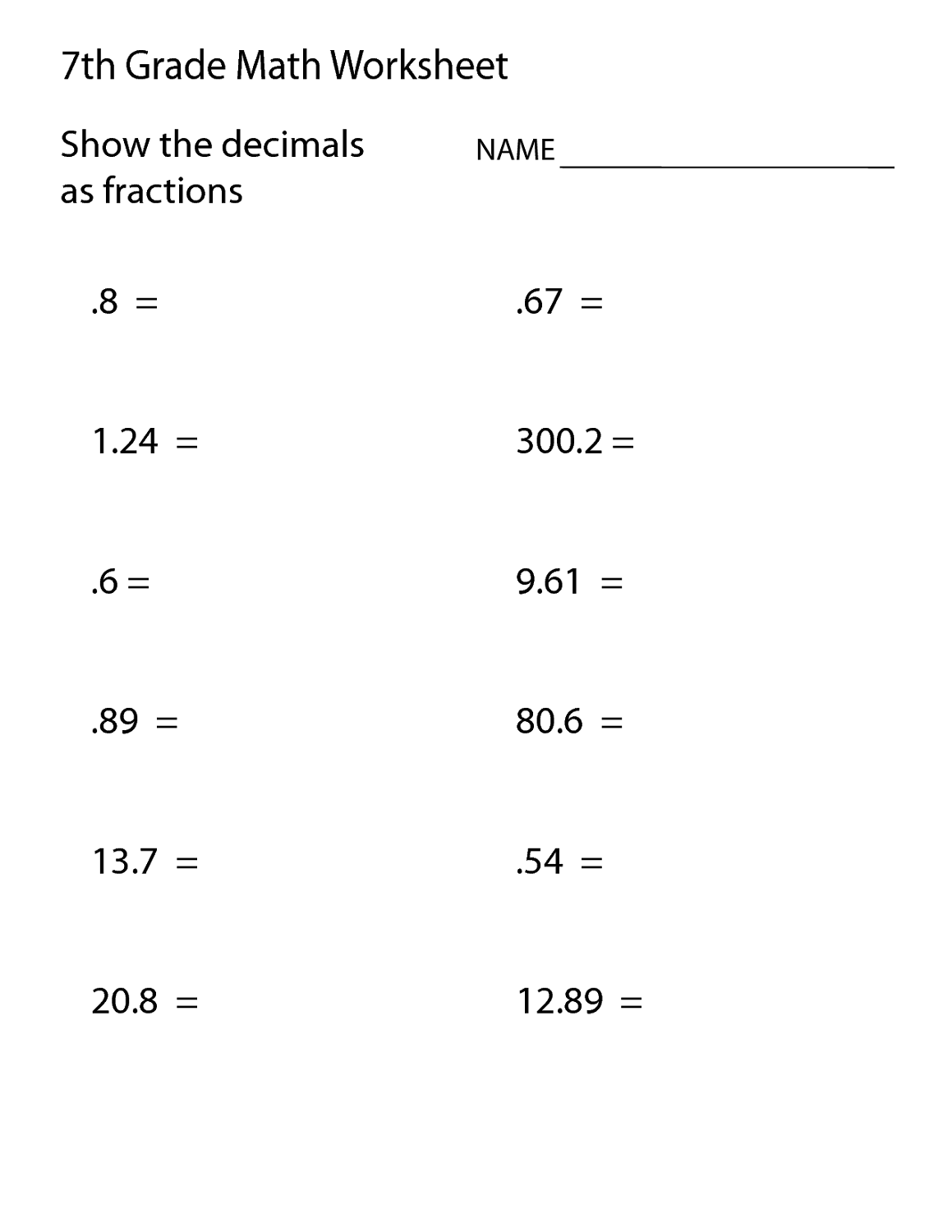 free mathematics worksheets 7th grade