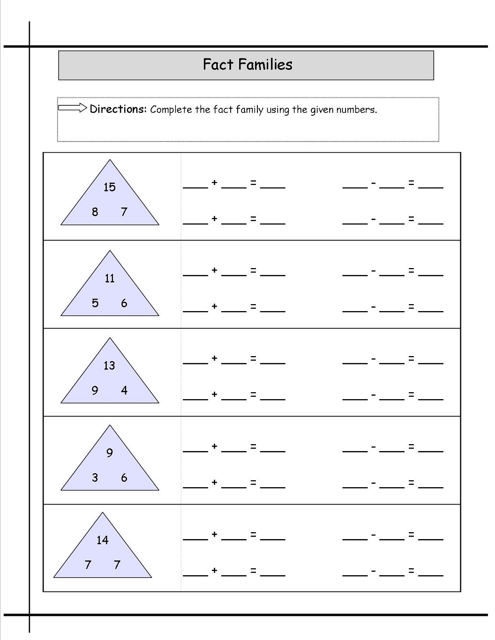 math fact families worksheets page