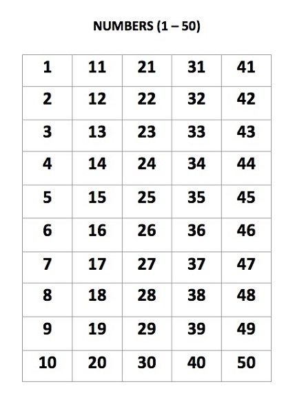 Free Printable Number Chart 1 50