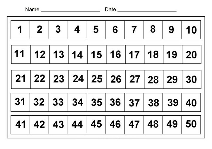 50 Number Chart Printable Activity Shelter