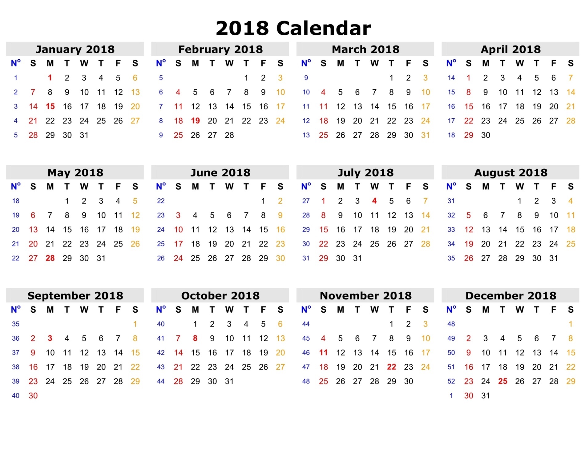 Calendar 2018 Printable Template