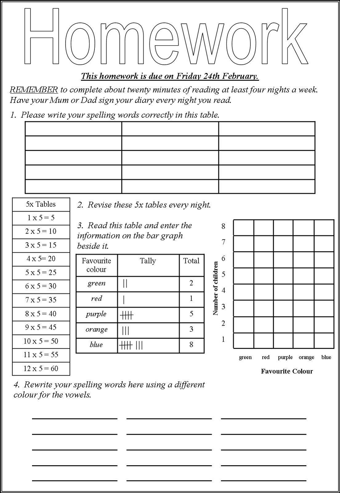 Children Homework Sheets Spelling