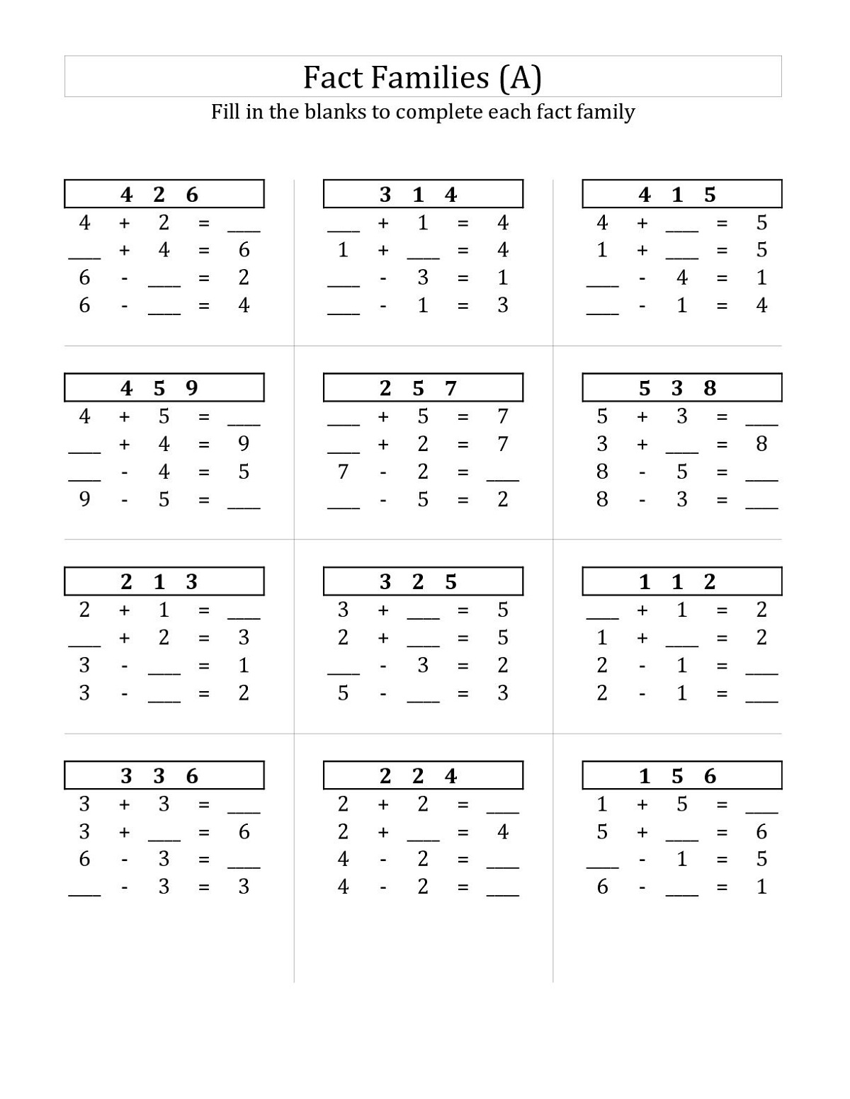 Family of facts addition and subtraction