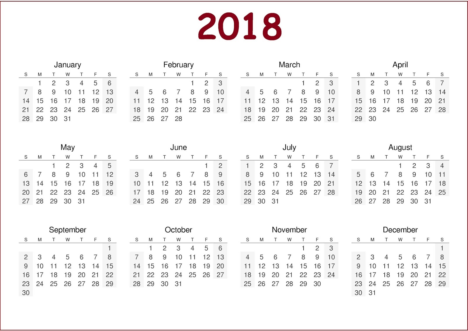 2018 Calendar Printable