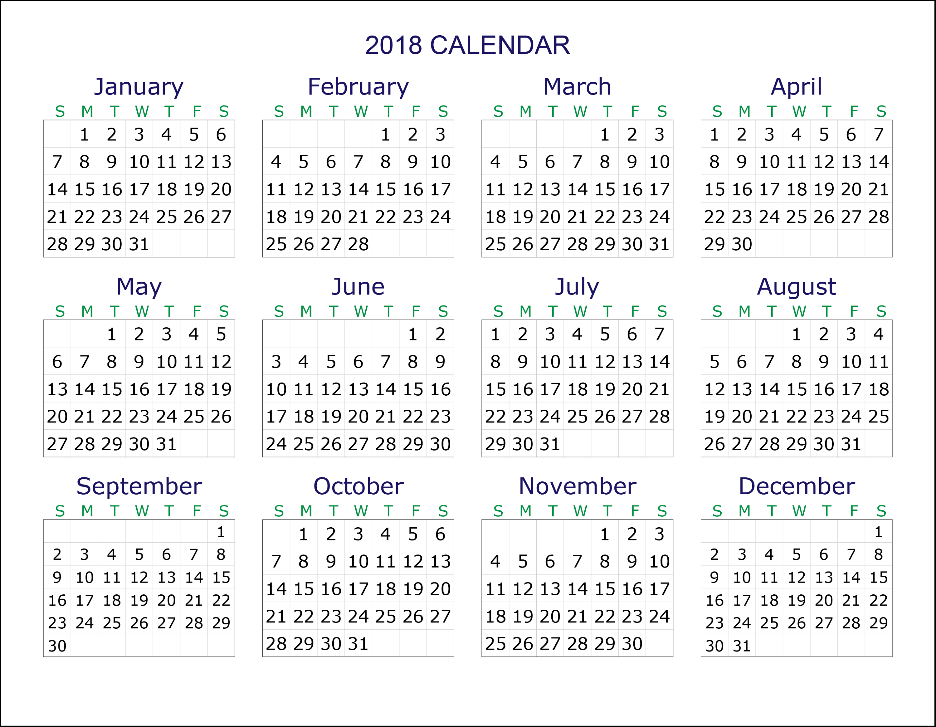 yearly 2018 calendars downloadable activity shelter