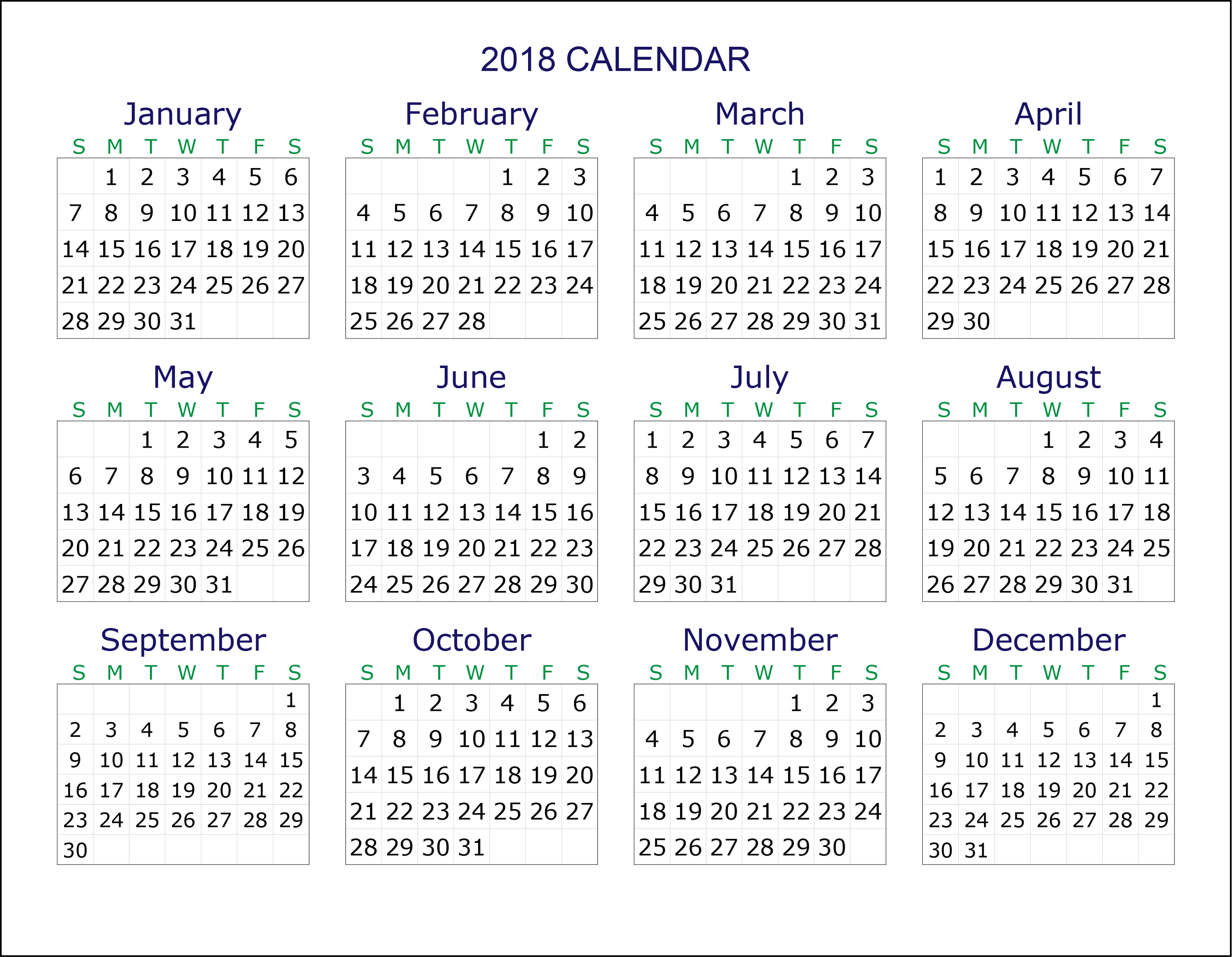 Yearly 2018 Calendars Downloadable | Activity Shelter
