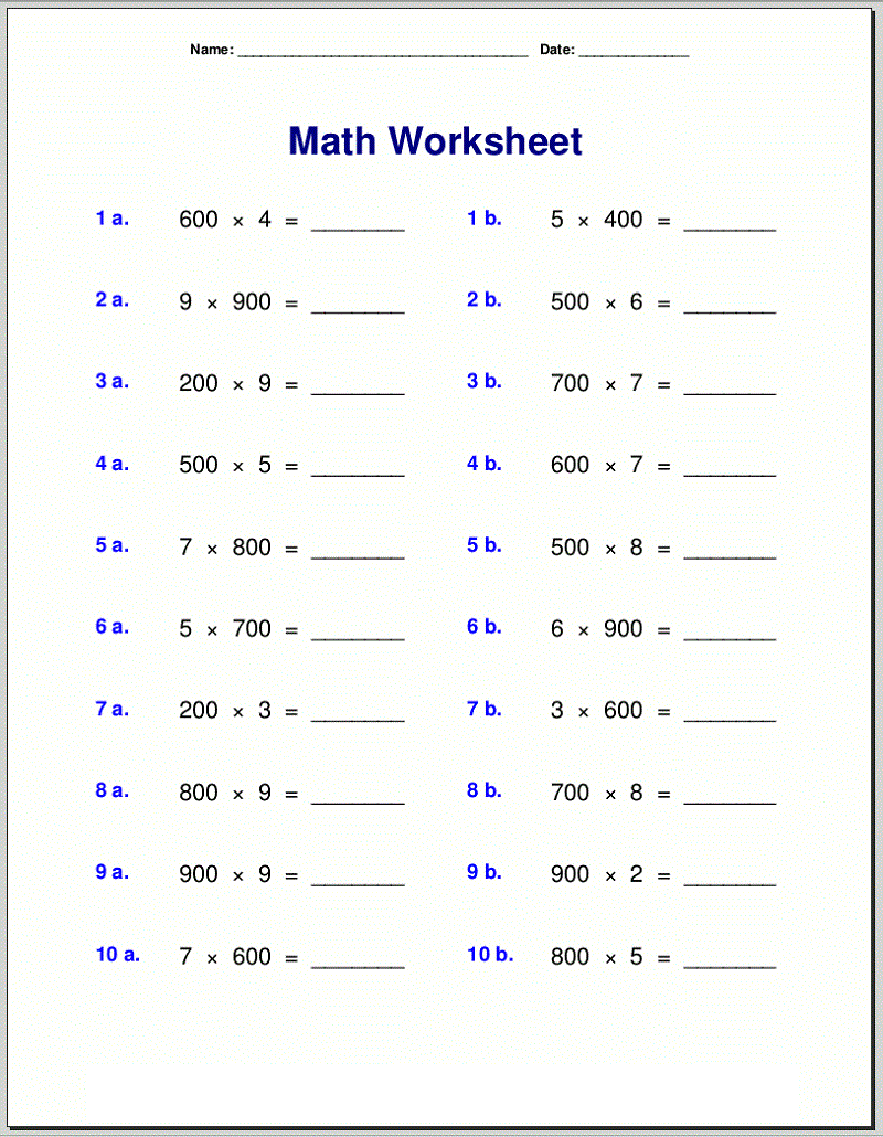Free Printable Math Worksheets for Grade 4 Multiply