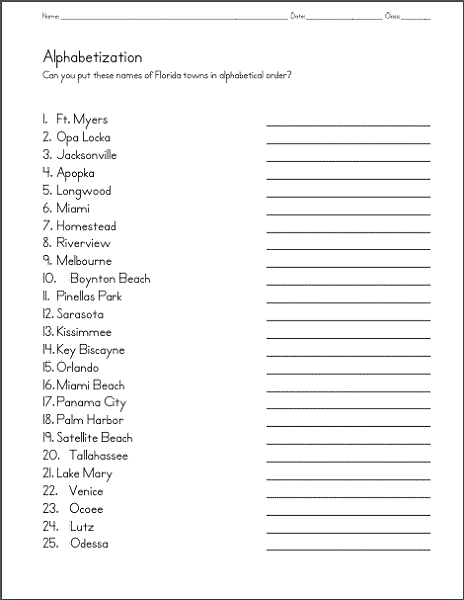 Free Worksheets for Elementary Students Alphabetization