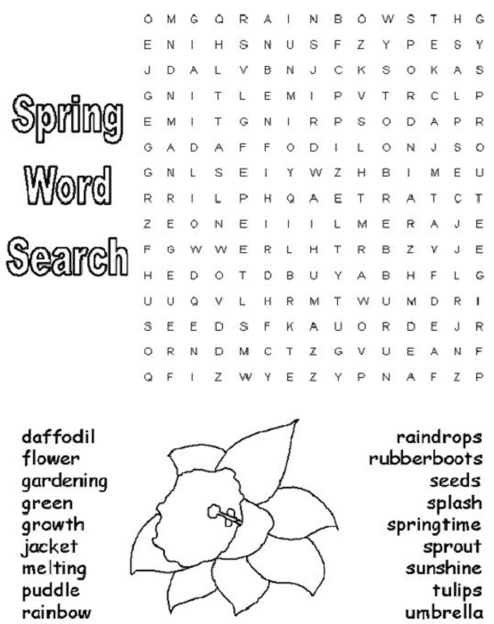 Spring worksheets for kids. Spring Wordsearch for Kids. Spring fun Word search.