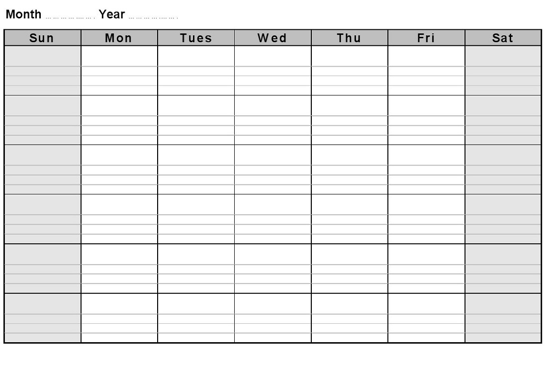 Printable Blank Monthly Calendar Notes