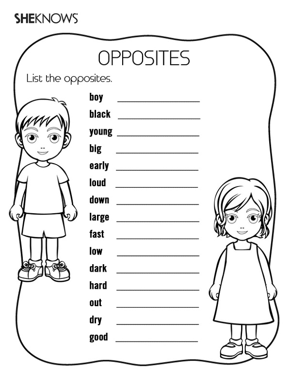 Free Activity Sheets Opposites