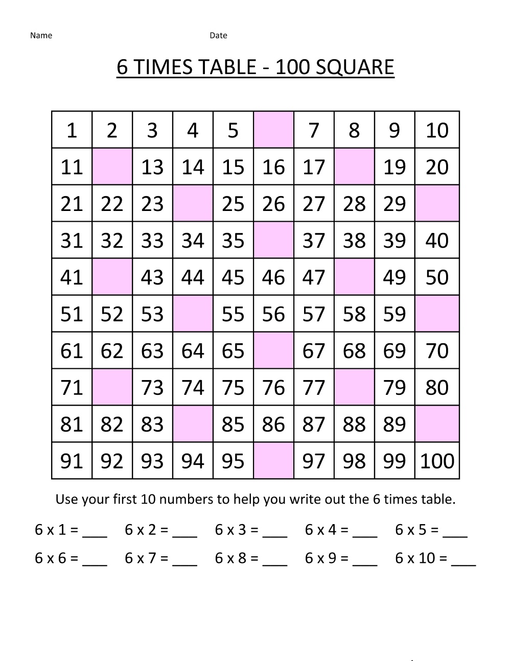 six times table chart